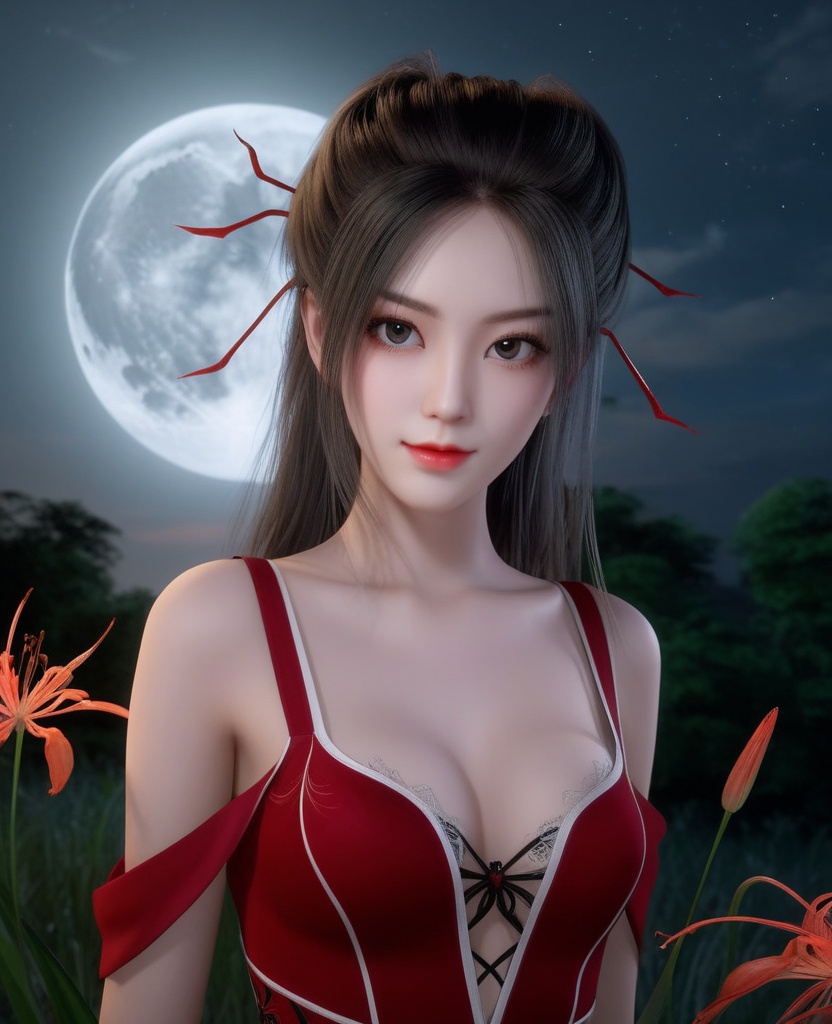 <lora:574-DA-XL-天行九歌-焰灵歌:0.8>(,1girl, ,best quality, ),looking at viewer,  ,,ultra detailed background,ultra detailed background,ultra realistic 8k cg, ,masterpiece, spider lily,full moon, (cleavage), (),