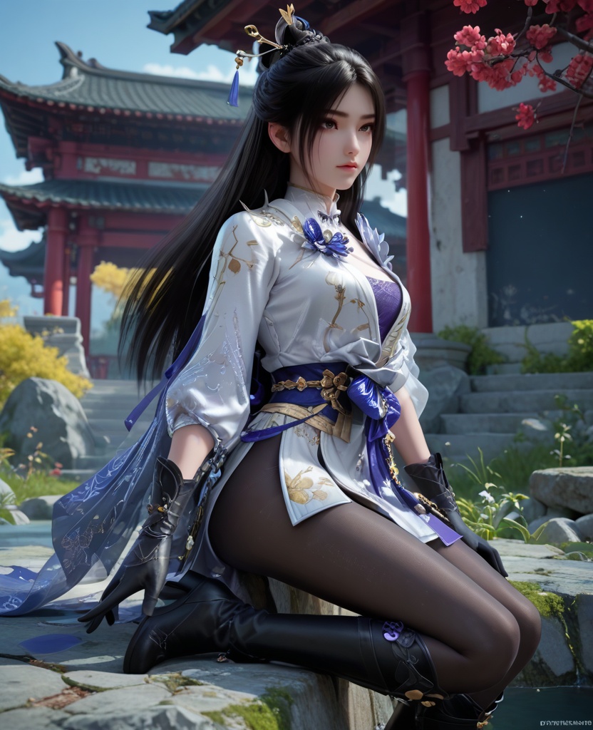 (oriental architecture, elegant decor, sophisticated style:1.1),(Sitting on a rock, gazing at the stars, with a sense of awe and wonder for the universe,:1.1),(breasts:1.2),<lora:XL32顾清寒冰雁:0.95>,miss guqinghan,white dress,purple lingerie,sash,black hair,long hair,hair ornament,black gloves,black pantyhose,black boots,fart curtain,, score_9,score_8_up,score_7_up,score_6_up,score_5_up,score_4_up,3d rendering,tag1,tag2, Cinematic Lighting,backlighting,