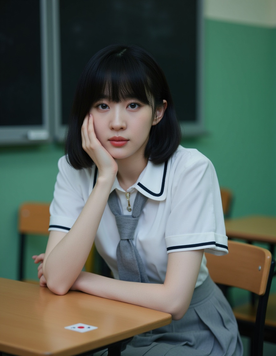 A photograph of a young Asian woman with straight black hair and bangs,  sitting at a desk in a classroom. She wears a tra...