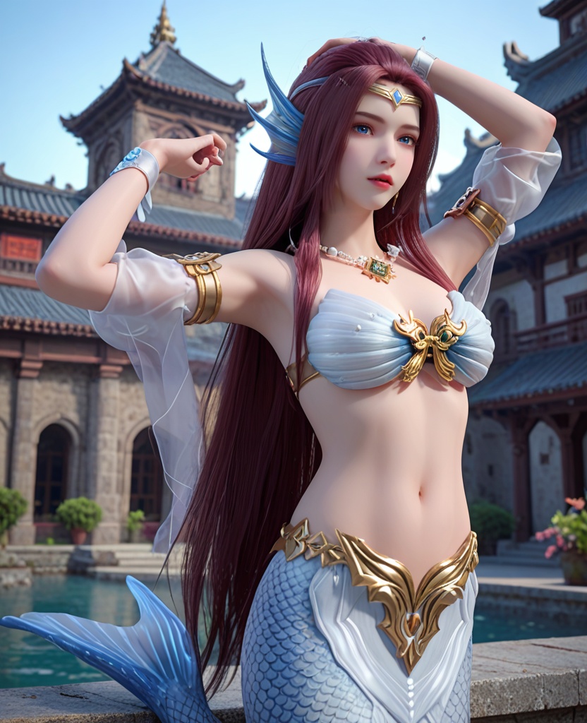 (oriental architecture, elegant decor, sophisticated style:1.1),Standing on a rooftop, arms raised, celebrating a moment of triumph,,(breasts:1.2),<lora:XL完美世界人鱼少女:0.8>,mermaid,solo,shell bikini,tail of mermaid,blue eyes,circlet,brown hair,long hair,head fins,necklace,armlet,detached sleeves of see-through,wristband,scales,, zPDXL2, score_9, score_8_up, score_7_up BREAK realistic, masterpiece,best quality, highly detailed,, zPDXL3, zPDXL2,zPDXL, zPDXLxxx, zPDXLrl,
