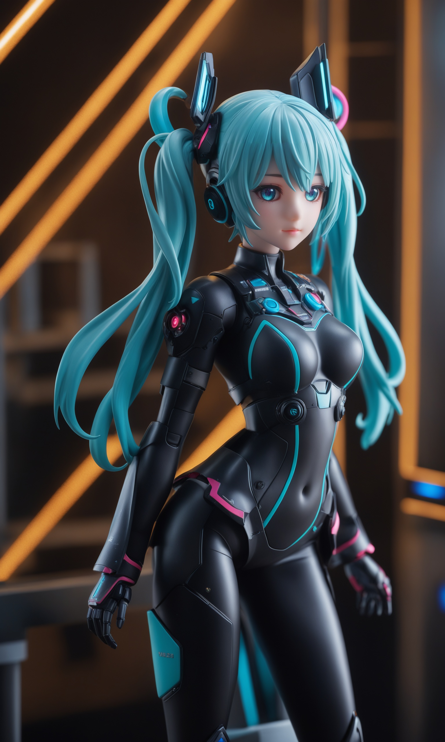 (masterpiece),(highest quality),highres,(extremely detailed),figure,18 - year - old,solo,cgmech,beautiful eyes,robot,armor,Hatsune Miku,neon light,8K,RAW,best quality,masterpiece,ultra high res,colorful,(medium wide shot),(dynamic perspective),sharp focus,(depth of field, bokeh:1.3),extremely detailed eyes and face,beautiful detailed eyes,(black gold, trimmed gear:1.2),(In a futuristic weapons factory:1.2),((masterpiece, best quality)),Detailed background,spaceship interior,(figurine),