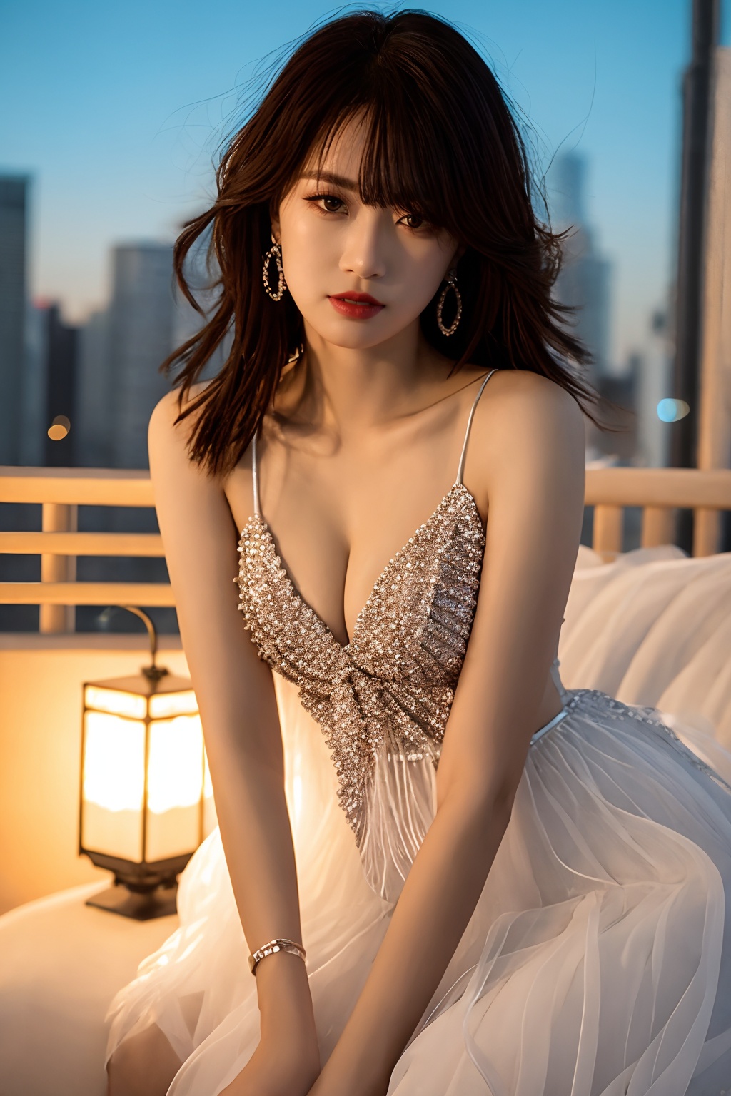 1girl,jewelry,solo,earrings,necklace,realistic,long hair,black hair,:d,looking at viewer,brown hair,brown eyes,lips,dress,sunset,polylights,portrait,mole,