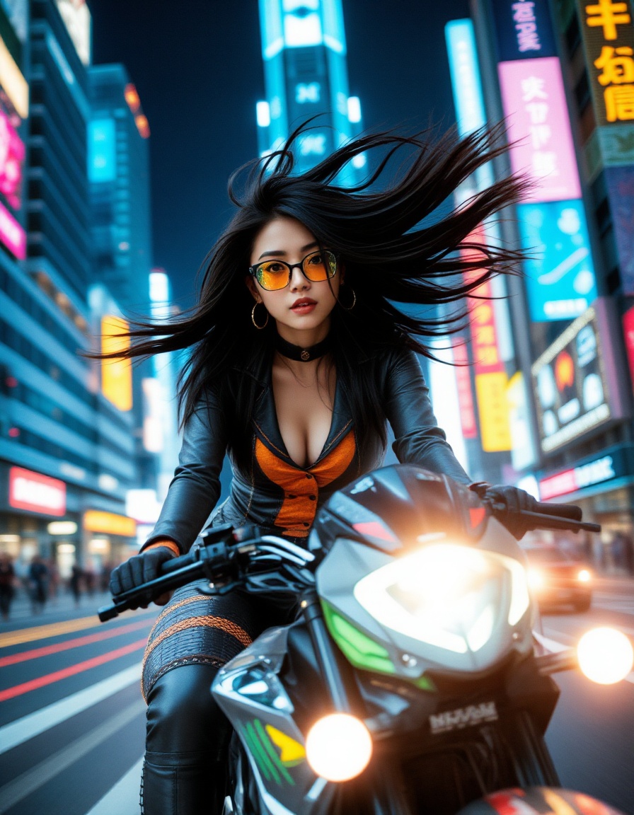 A dynamic scene of a girl riding a motorcycle in a cyberpunk setting,  her hair flowing freely in the wind,  emphasizing t...
