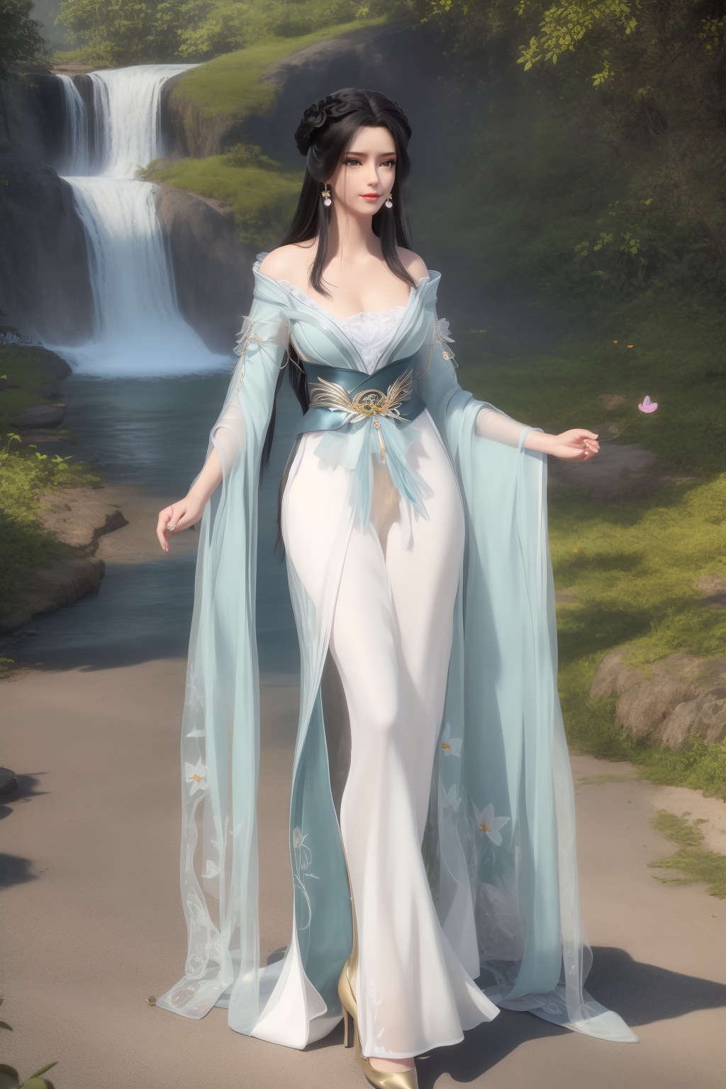 ultra realistic 8k cg,flawless,clean,masterpiece,professional artwork,famous artwork,perfect face,beautiful face,best quality,full_shot,absurdres,1girl,solo,hanfu,dress,standing,bare shoulders,facial mark,forehead mark,hair bun,hair rings,chinese clothes,sparkle,torogao,smile,makeup,lips,breasts,large breasts,jewelry,earrings,hair ornament,(outdoors:1.4),water,waterfall,butterfly,flower,long hair,realistic,looking at viewer,high heels,<lora:shenfengJ_20240105120823-000004:0.7>,