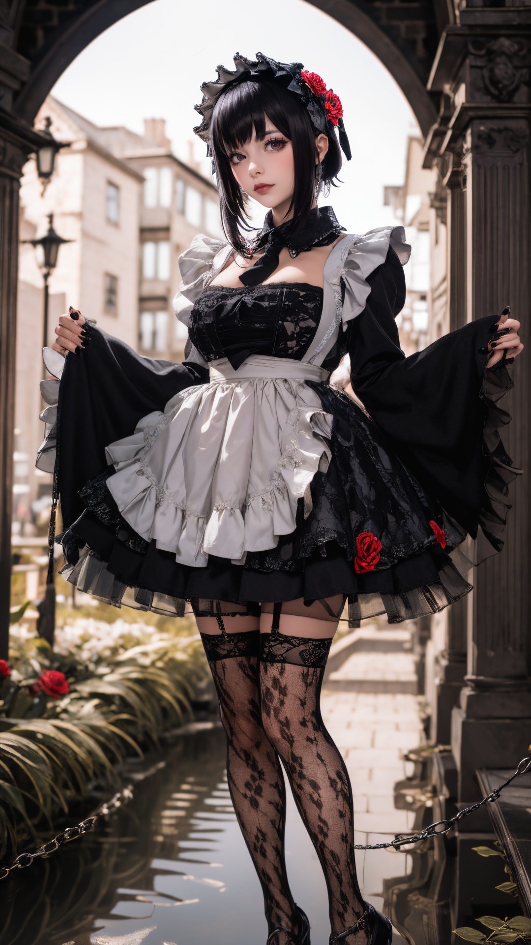 tutututu,1girl,solo,Kuroe Shizuku,lolita fashion,apron,pantyhose,gothic lolita,black dress,frills,hair flower,hair ornament,chain leash,black nails,wide sleeves,lace trim,long sleeves,rose,black footwear,black necktie,maid,fishnets,maid headdress,detached collar,red flower,thighhighs,hairband,chain,floral print,lolita hairband,garter straps,black thighhighs,lace,<lora:Kuroe Shizuku_Lolita-000007:0.55>,***** Alice in wonderland standing in stream,large mushrooms in background,highly detailed,Beautiful lighting,photoreal,4k,depth of field,night scene,light from godrays shining on ground,