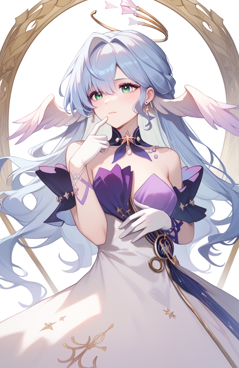 <lora:知更鸟pony:1>,robin,a girl named robin,1girl,white dress,bare shoulders,halo,white gloves,earrings,bracelet,head wings,, (score_9,score_8_up,score_7_up),(masterpiece,best quality,high quality:1.2),absurdres,