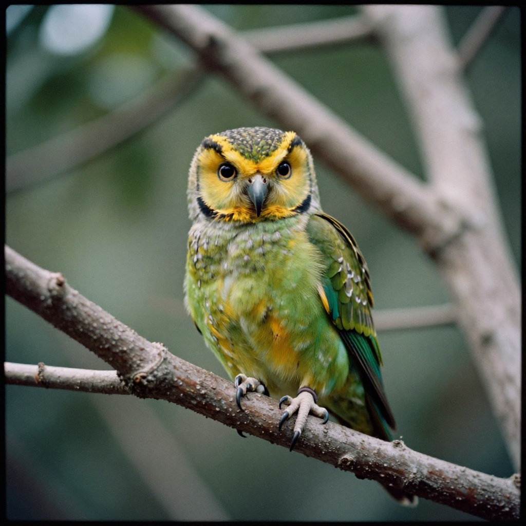 analog film photo of cinematic style,  Kodak Portra 400 analog film stocks of a green and yellow bird perched on a tree br...