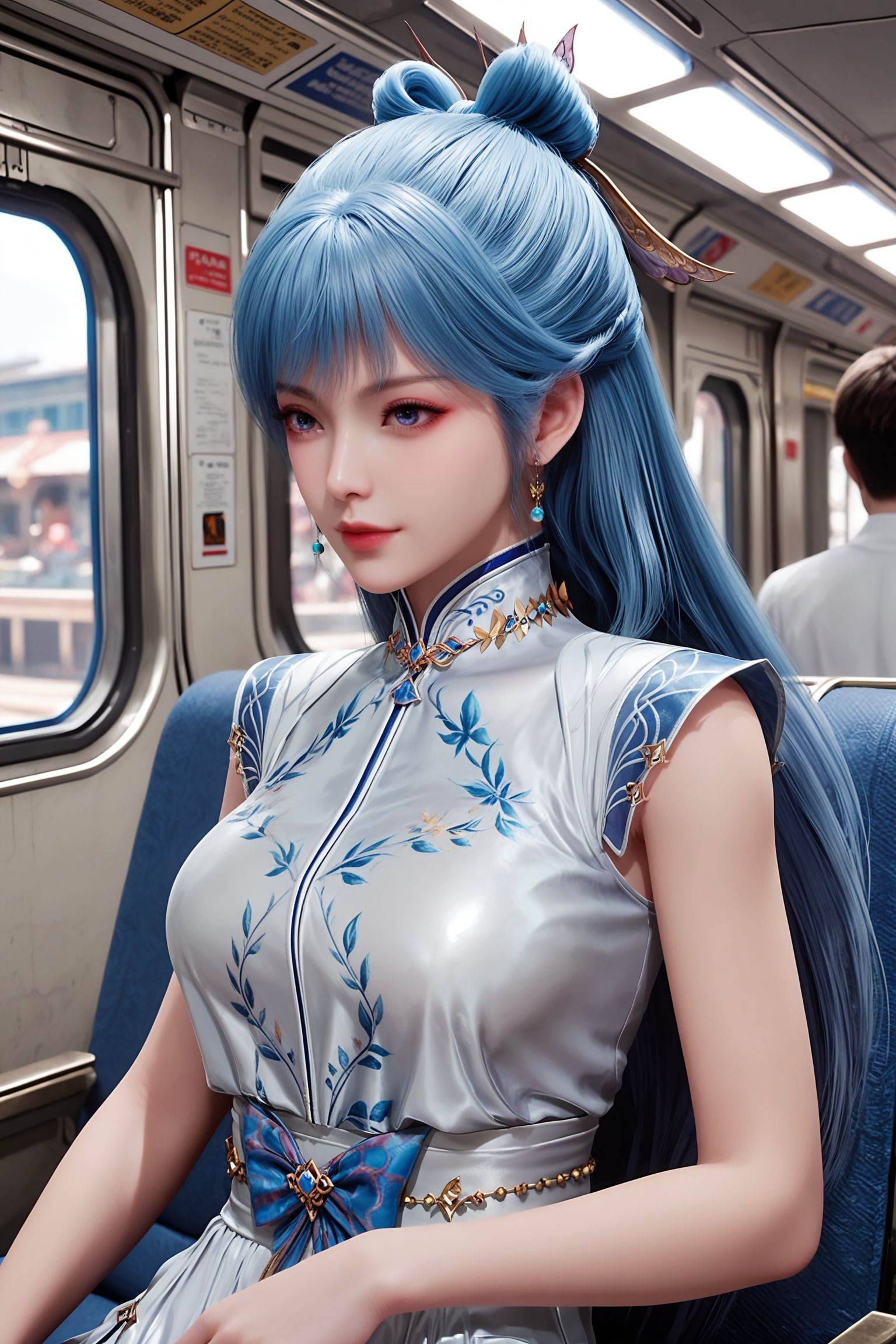 1girl,solo,<lora:王冬儿-日月赛季服装Pony:0.7>,long  blue hair,styled into a high ponytail,blue eyes,wears a traditional Chinese qipao dress in a soft,silver-gray color with intricate blue floral embroidery.,BREAK fair_skin,white_skin,shiny_skin,Ivory_skin,solo focus,(perfect_face:1.2),(perfect_anatomy:1.1),(upper_body:1.2),(portrait:1.1),large breasts,sitting,(train_interior:1.1),(blurry_background:1.2),score_9,