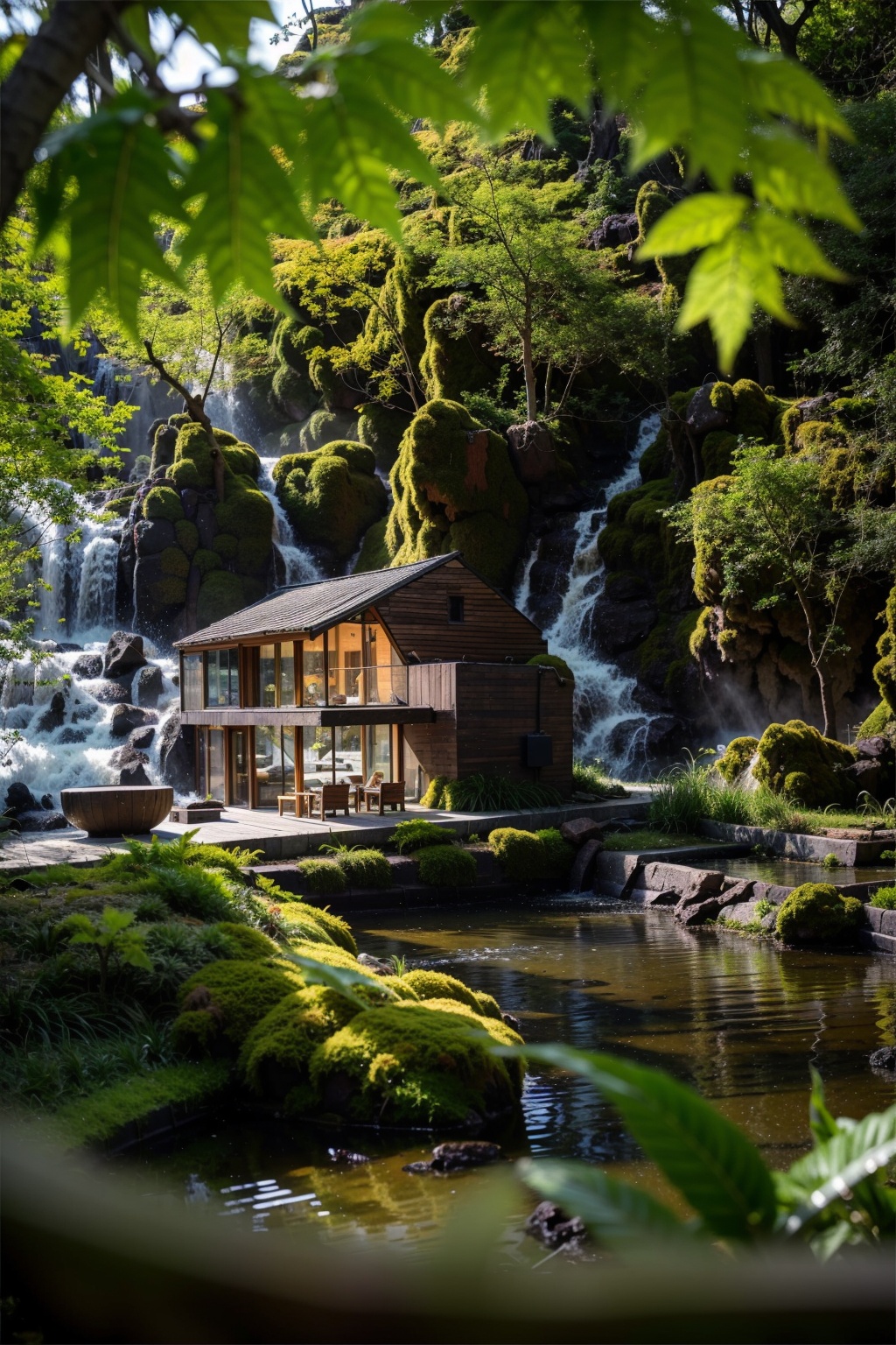 masterpiece,best quality,taixian,scenery,no humans,tree,wood house,outdoors,(fog:0.5),nature,water,moss,rock,forest,day,(light rays:0.5)