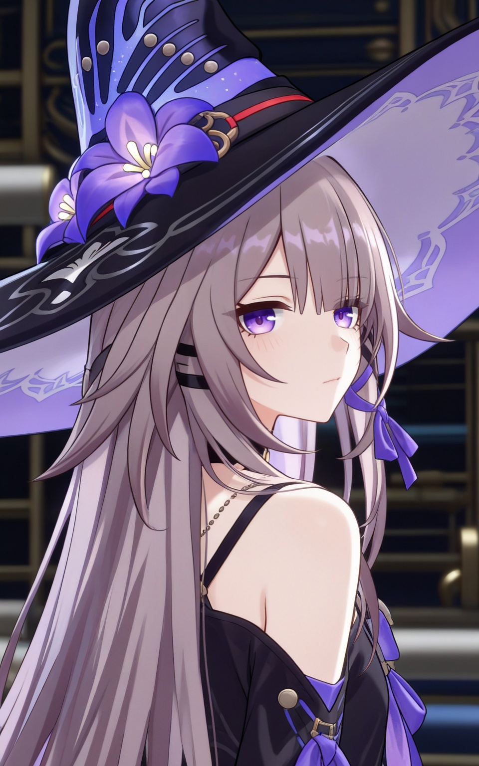 depth of field,masterpiece,best quality,very aesthetic,alternate costume,alternate costume,2024,2023,perfect composition,ultra-detailed,extreme aesthetic,masterpiece,best quality,good quality,newest,year 2024,year 2023,very aesthetic,absurdres,looking_at_viewer,colorful,upper_body,<lora:大黑塔·衣服百搭款ILL:0.8>,big herta  \(honkai: star rail\),brown hair,long hair,purple eyes,witch hat,black headwear,hat flower,hair ribbon,purple ribbon,purple flower,jewelry,