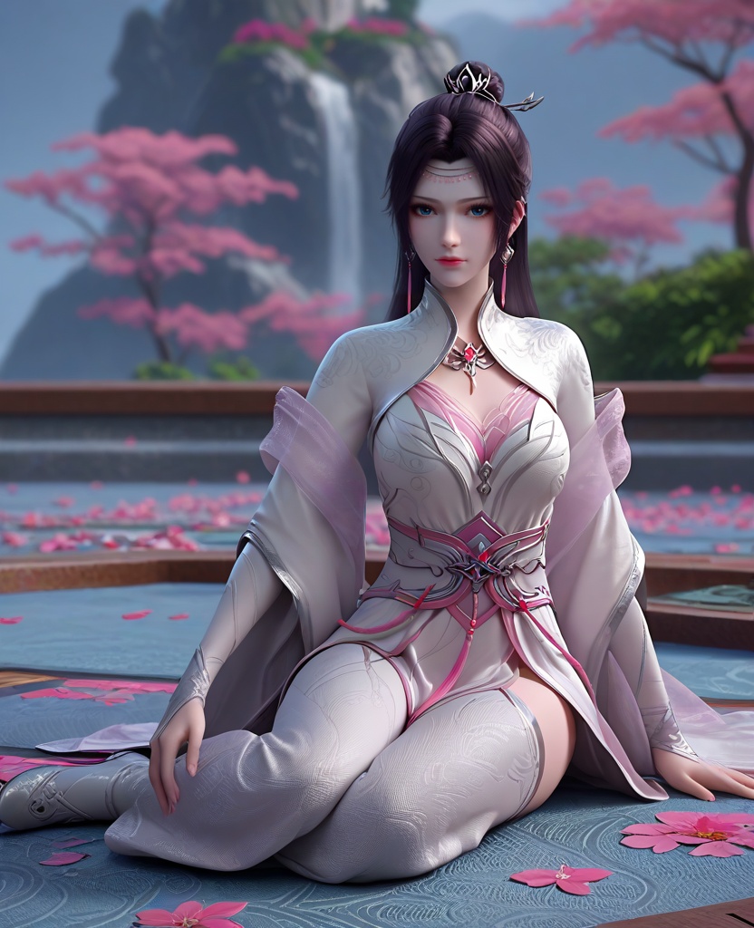 (oriental architecture, elegant decor, sophisticated style:1.1),(Sitting cross-legged on a mat, meditating,:1.1),looking at viewer,(breasts:1.2),<lora:XL16斗破苍穹花宗云韵:0.95>,miss yunyun,white dress,blue eyes,traditional chinese updo with long cascading hair,black hair,hair ornament,earrings,jewelry,bolero,pink sheer shawl,wide flowing sleeves,pink chiffon bra,sash,opera gloves sleeves,white high heels,, score_9,score_8_up,score_7_up,score_6_up,score_5_up,score_4_up,3d rendering,tag1,tag2, Cinematic Lighting,backlighting,, zPDXL3, zPDXL2,zPDXL, zPDXLxxx, zPDXLrl,