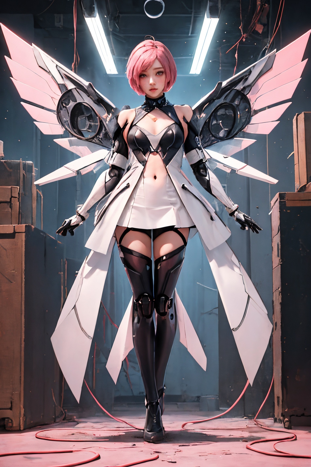 1girl,solo,Pink split short hair,full body,mechanical wings,standing,pose,<lora:莉达VS天启姬-000018:0.6>,, masterpiece, best quality,
