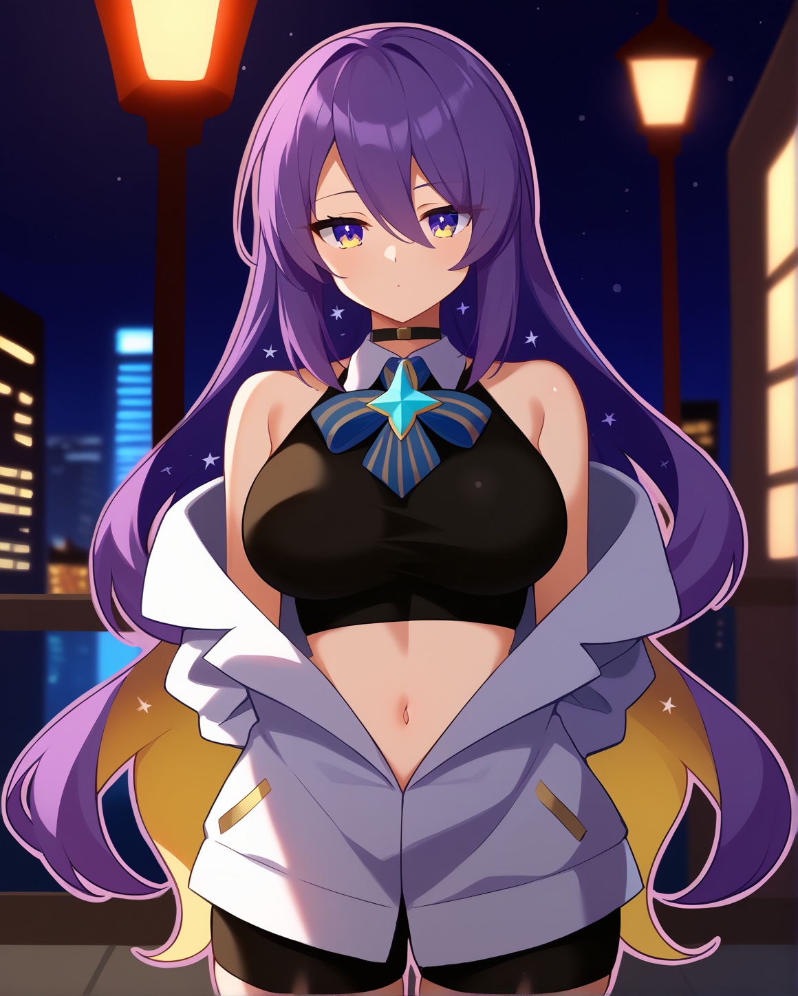 score_9, score_8_up, score_7_up, score_6_up, score_5_up, score_4_up, source_anime, (best quality, ultra detailed, absurdres, masterpiece:1.2), (ai-generated:0.6), color, (white outline:1.3), city lights, night,  <lora:ThaNukiSDXL:1>  <lora:moonahoshinovaPonyXL2:1>BREAKmoona, 1girl, solo, long hair, blonde hair, large breasts, shirt, navel, hair between eyes, bare shoulders, very long hair, purple eyes, jacket, yellow eyes, purple hair, multicolored hair, open clothes, shorts, sleeveless, choker, midriff, bow ribbon, off shoulder, two-tone hair, crop top, black shirt, sleeveless shirt, gradient hair, black choker, black shorts, white jacket, bike shorts 