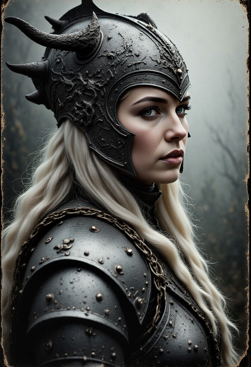 analog_feel,  a forgotten and aged photograph of a warrior,  female warrior in ornate metallic armor on Tensor.Art