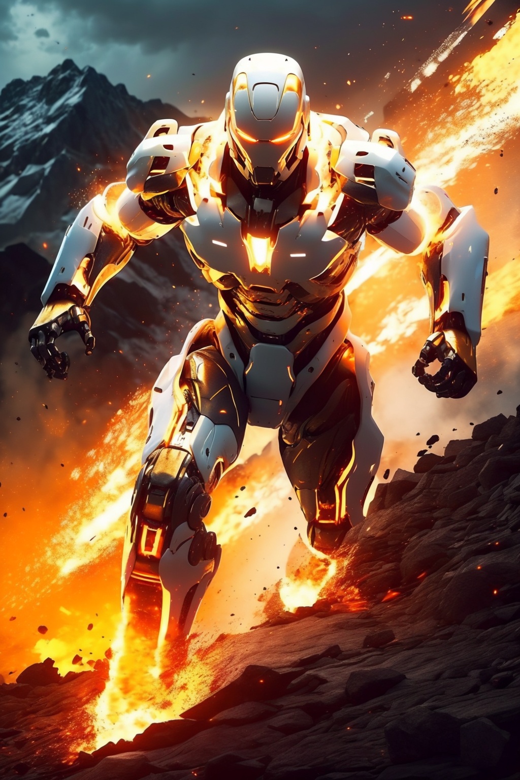hjyfirerobot,fire,(flame:1.3),flashing lightning,chaos flame around mecha,(rush out from flame and flashing:1.2),(white sleek robot:1.2),mechanical halo,front view,robot sleek and smooth helmet,glowing gold armor,masterpiece,best quality,(highly detailed),cyborg,(full body:1.2),wide angle,(mountain background:1.2),<lora:hjyfirerobot2--000010:1>,run,