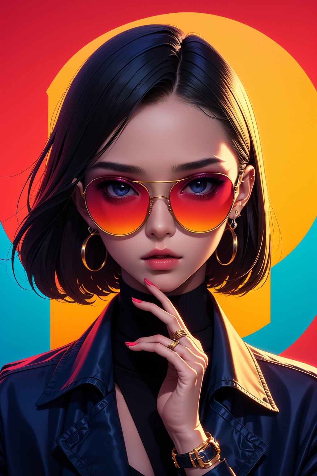 QXHTX,1girl,jewelry,solo,ring,earrings,short hair,sunglasses,black hair,tinted eyewear,jacket,lips,One hand in front of the eyes,<lora:QXHTX_20240412134359-000008:0.8>,