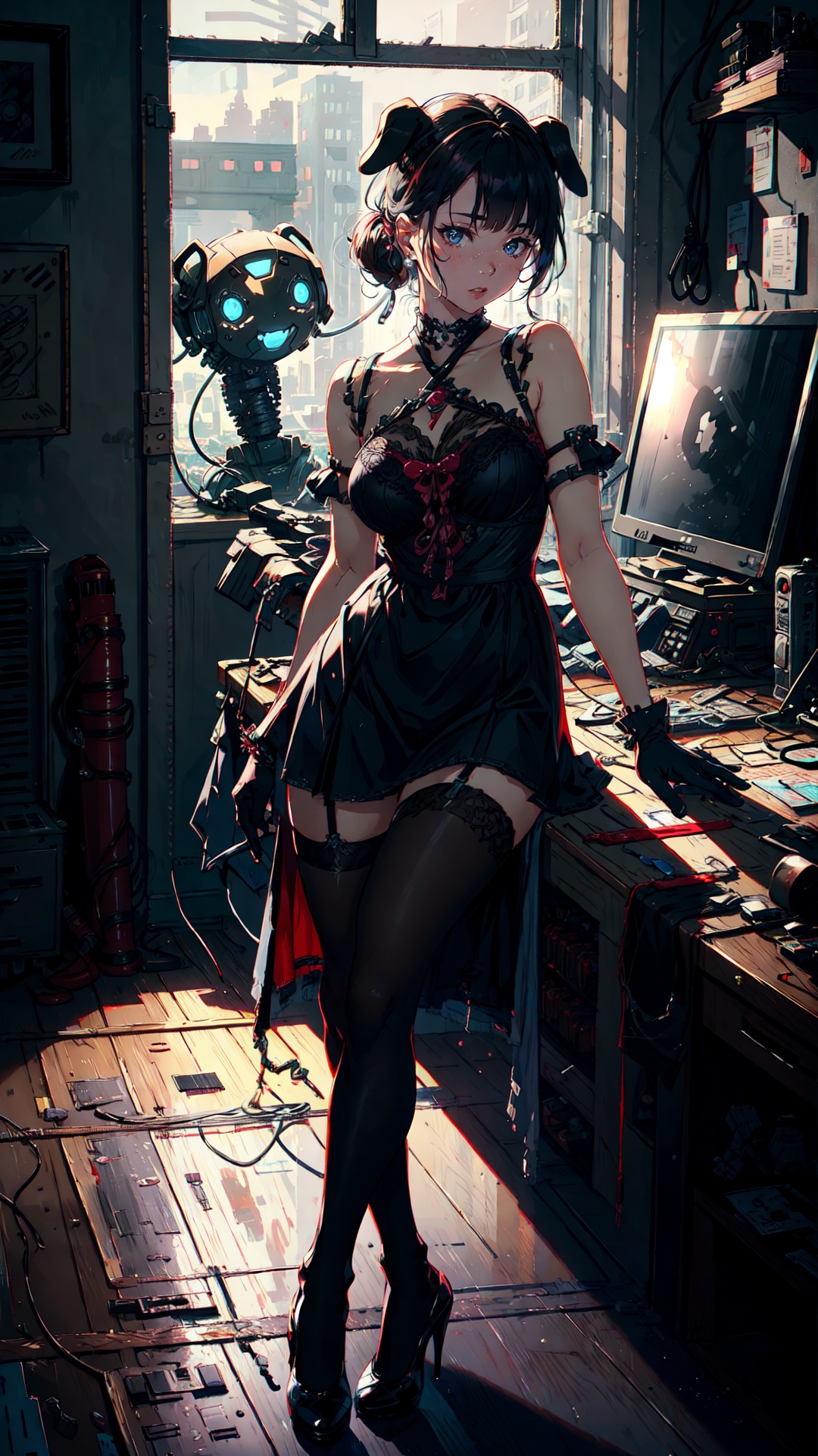 tutututu, breasts, medium breasts, see-through, underwear, lingerie, skirt,black pantyhose, cinematic style,realistic,masterpiece,best quality,extremely detailed,absurdres resolution,High quality texture,Cinematic Lighting,1girl Sitting at the table fixing robots,robot dog,cute genius japanese school girl, glasses,protective gloves,in a A basement full of neo pipes,welding,precision instruments,complex circuit,vacuum tube punk,high heels,<lora:OC:0.15> <lora:LowRA:0.3>  <lora:tutucs_v1:0.85>