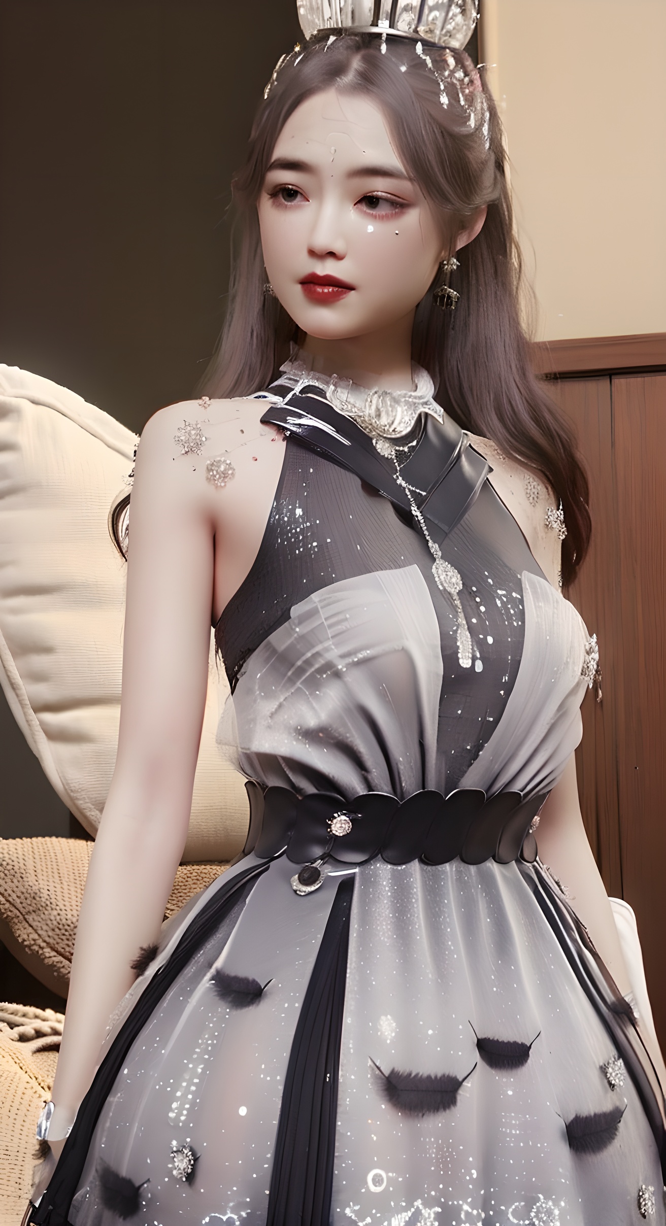 Masterpiece,best quality,ultra high res. Sexy white maid-style dress,delicate face,necklace,with frills and a black lace apron. Flared skirt with petticoat,short sleeves with lace cuffs,low neckline. On a luxurious bed with silk sheets and plush pillows. Intimate setting with dim lighting and lit candles. Professional camera captures the alluring pose of a beautiful woman as she gazes seductively at the viewer,delicate face,<lora:以闪亮之名:0.8>,