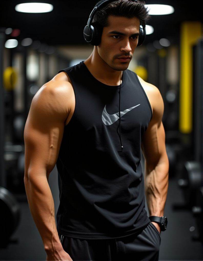 Harman Singha ,  A detailed low-angle image. in exceptional quality. He is in a gym with a predominance of black and a lit...