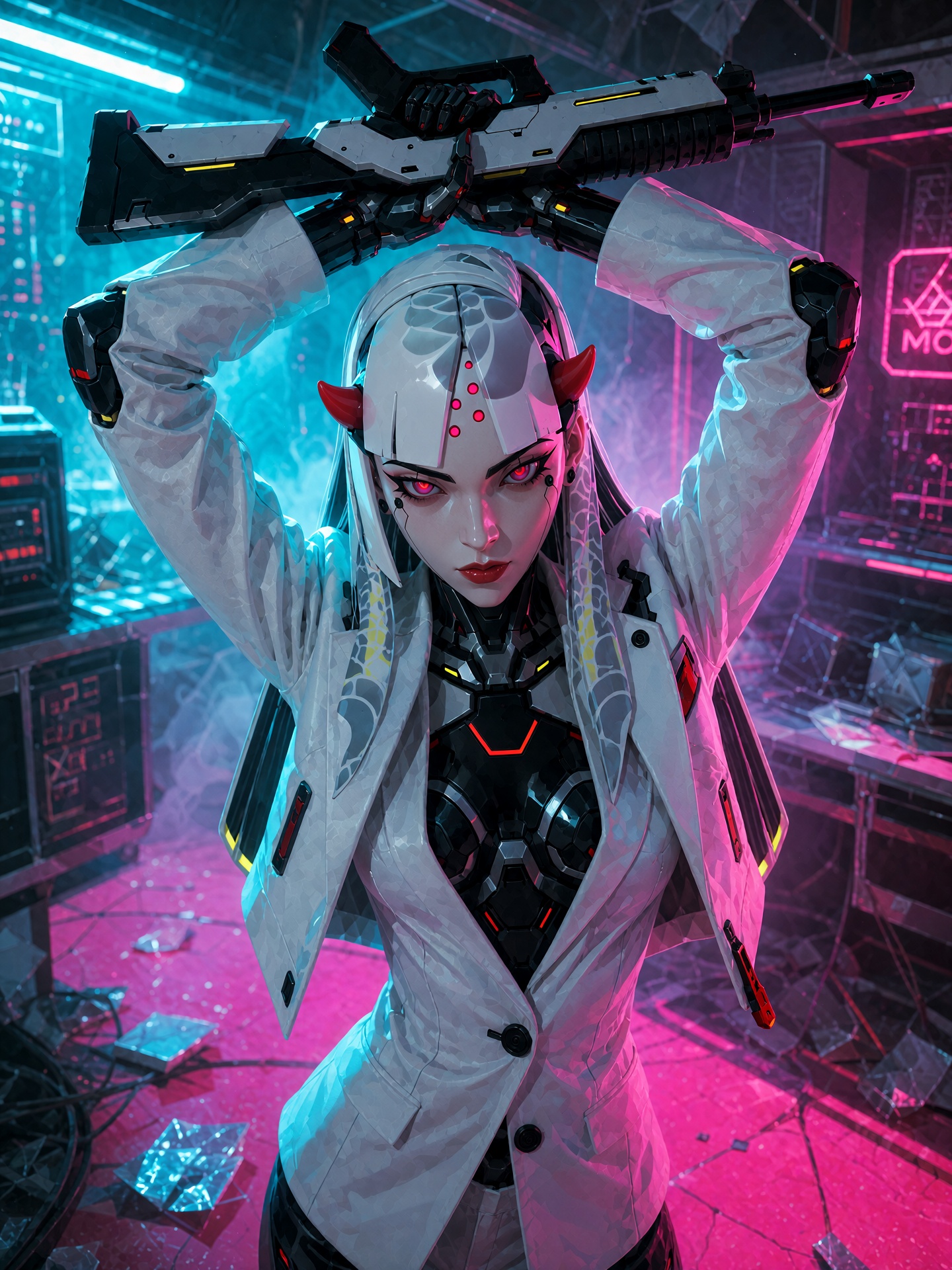 09. A highly stylized neon cyberpunk illustration of Shion standing in a wrecked futuristic interior washed in cyan and ma...
