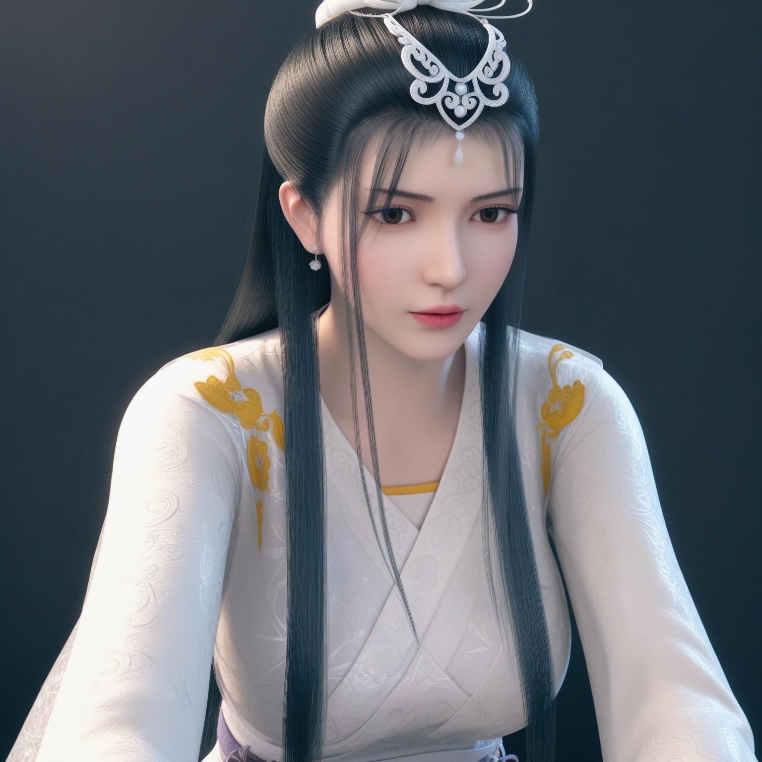 (upper_body:1.1),(huge breasts:0.9),79.<lora:YQponyqianyixueV2:0.8>,(q1528437228:1.3),solo,1girl,black_hair,long_hair,realistic,jewelry,earrings,chinese_clothes,hair_ornament,long_sleeves,dress,hanfu,black_eyes,sash,tiara,white_dress,hair_bun,brown_eyes,hat,boots,,blush,(looking_at_viewer:1.1),BREAKintricate details,shiny_skin,solo focus,(blurry background:1.1),(depth of field:1.1),perfect_anatomy,(cinematic lighting:0.9),(volumetric lighting:0.9),(simple background,pure black background,black background:1.1),