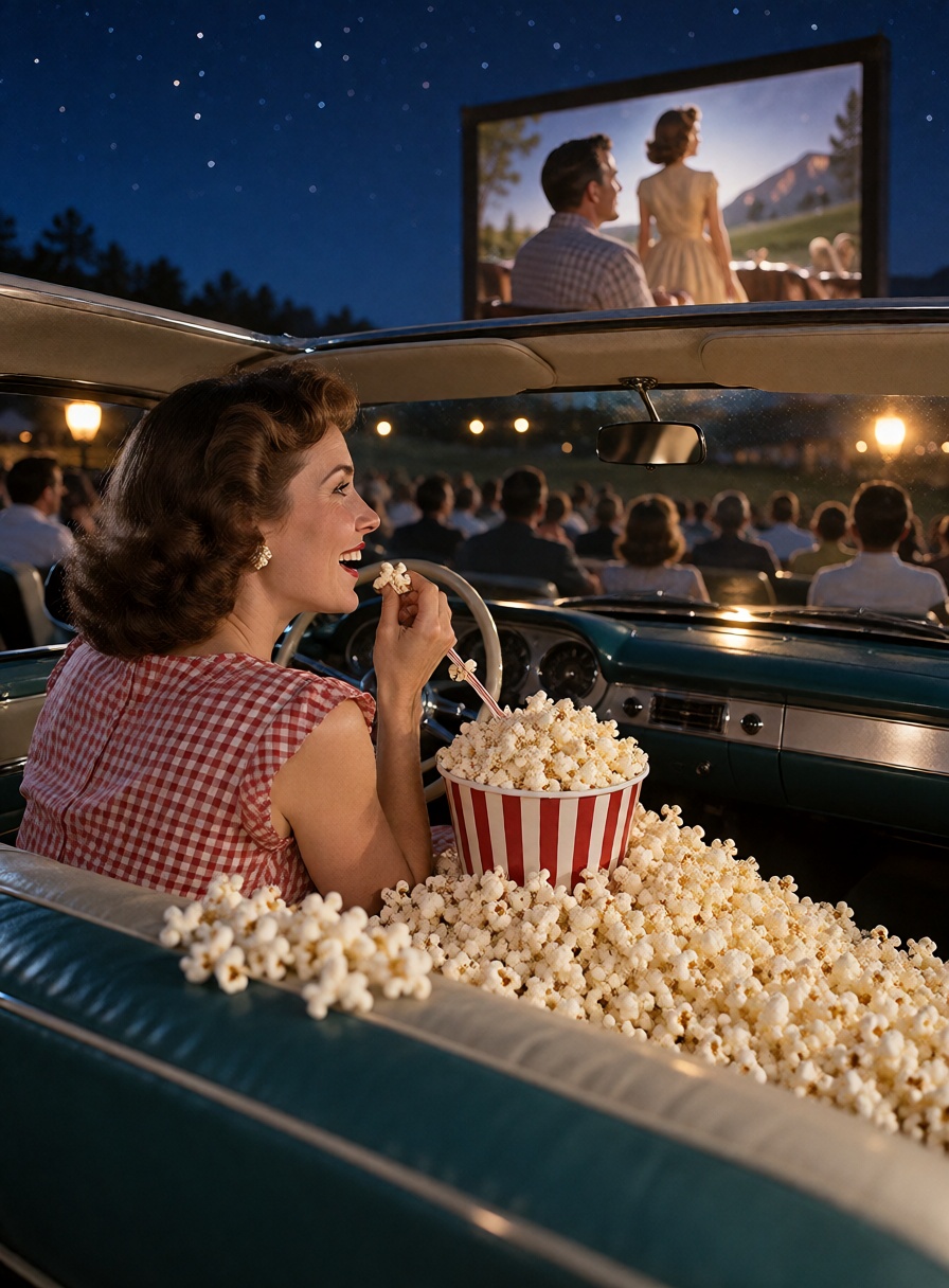 A romantic couple sharing popcorn at a drive-in movie,  an absurd mountain of popcorn overflowing from the bucket and cove...