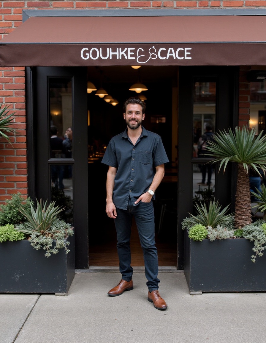 The image shows a man standing on a sidewalk in front of a cafe or restaurant entrance. The establishment has a brown awning with white lettering that reads "Gourmet Space"