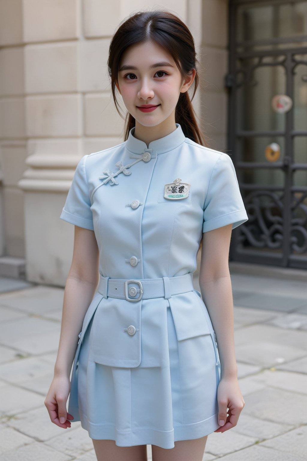 This image features a young East Asian woman standing outdoors in front of a building.**Subject:**She has long,  dark hair...