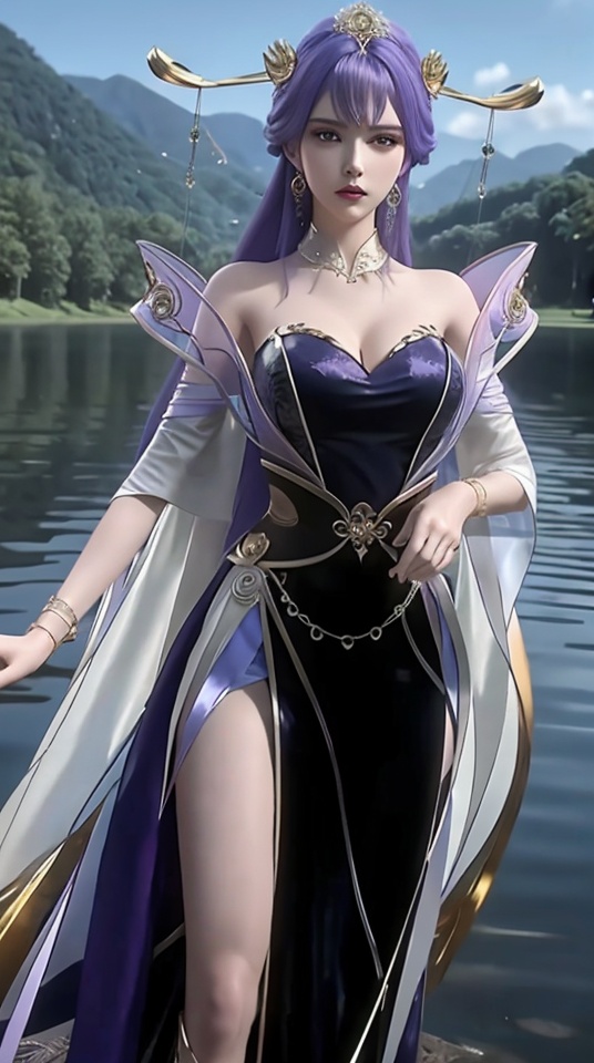 ultra realistic,high-definition,hd,8k,1 girl,Large breasts,Cleavage of breast,Purple hair,jewelry,Crown of the head,Dress,Ribbon,Wide sleeves,Long hair，standing,lake water,solo,,<lora:c1a68909a27f1902dc80d29115e4accf1bad0aab498ef3748cb8956339003b8b:0.6>