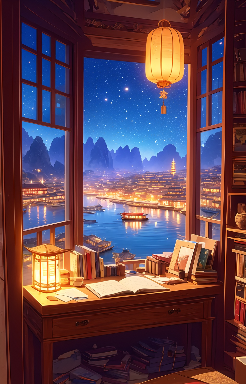 scenery,book,sky,no humans,star \(sky\),book stack,night,bookshelf,lantern,window,starry sky,<lora:gufencj:1>,