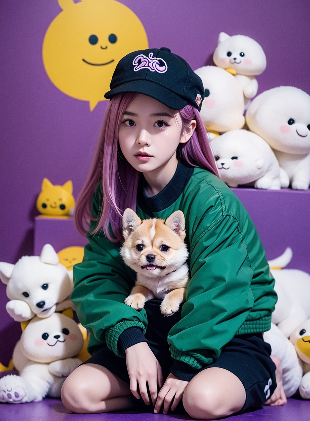 <lora:zgmaomao-000006:0.7>,1girl,zgmaomao,dog,solo,pink hair,hat,sit,purple_jacket,long hair,kabutops,green_theme,