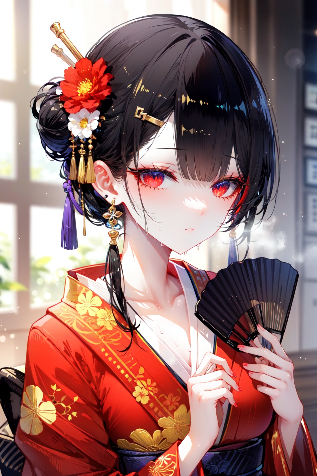1girl, hair ornament, solo, flower, red eyes, hair flower, hand fan, black hair, upper body, japanese clothes, holding fan, red flower, bangs, jewelry, kimono, earrings, holding, looking at viewer, red kimono, collarbone, long sleeves, nail polish, wide sleeves, blurry, hand up, sweat, blurry background, hair stick, fingernails, single hair bun, blunt bangs, eyelashes<lora:yayaya22hdLycoris:0.8>,