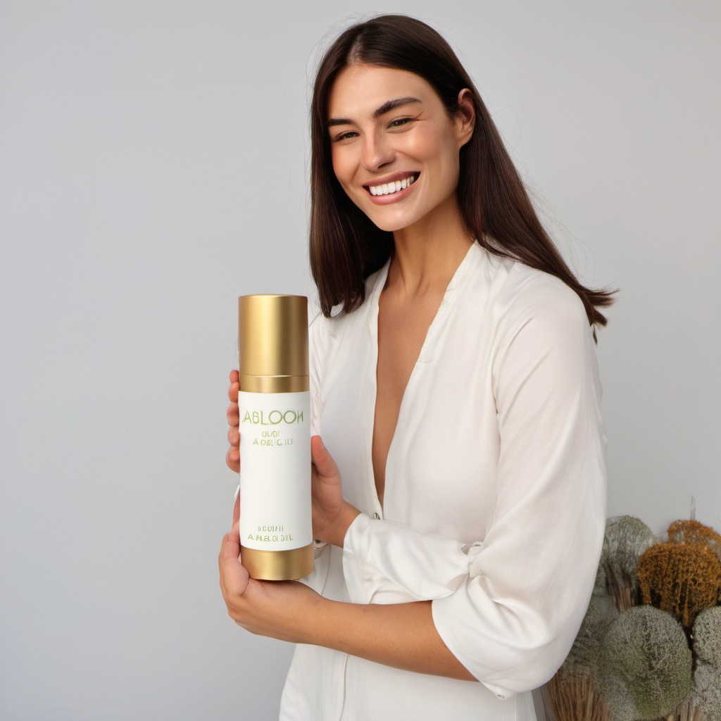 a beautiful smiling model woman,  holding (while the shoulder part and heel are in golden dull brown color and the body is...
