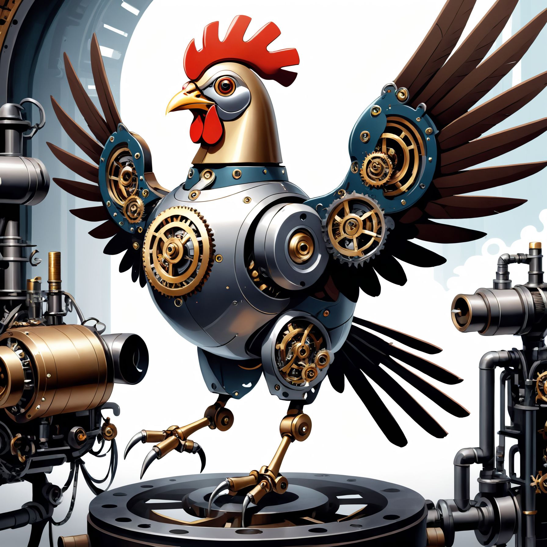 Illustration of a robot with a motif of steampunk chickens with metal blades,  intricate gear mechanisms built into the wi...