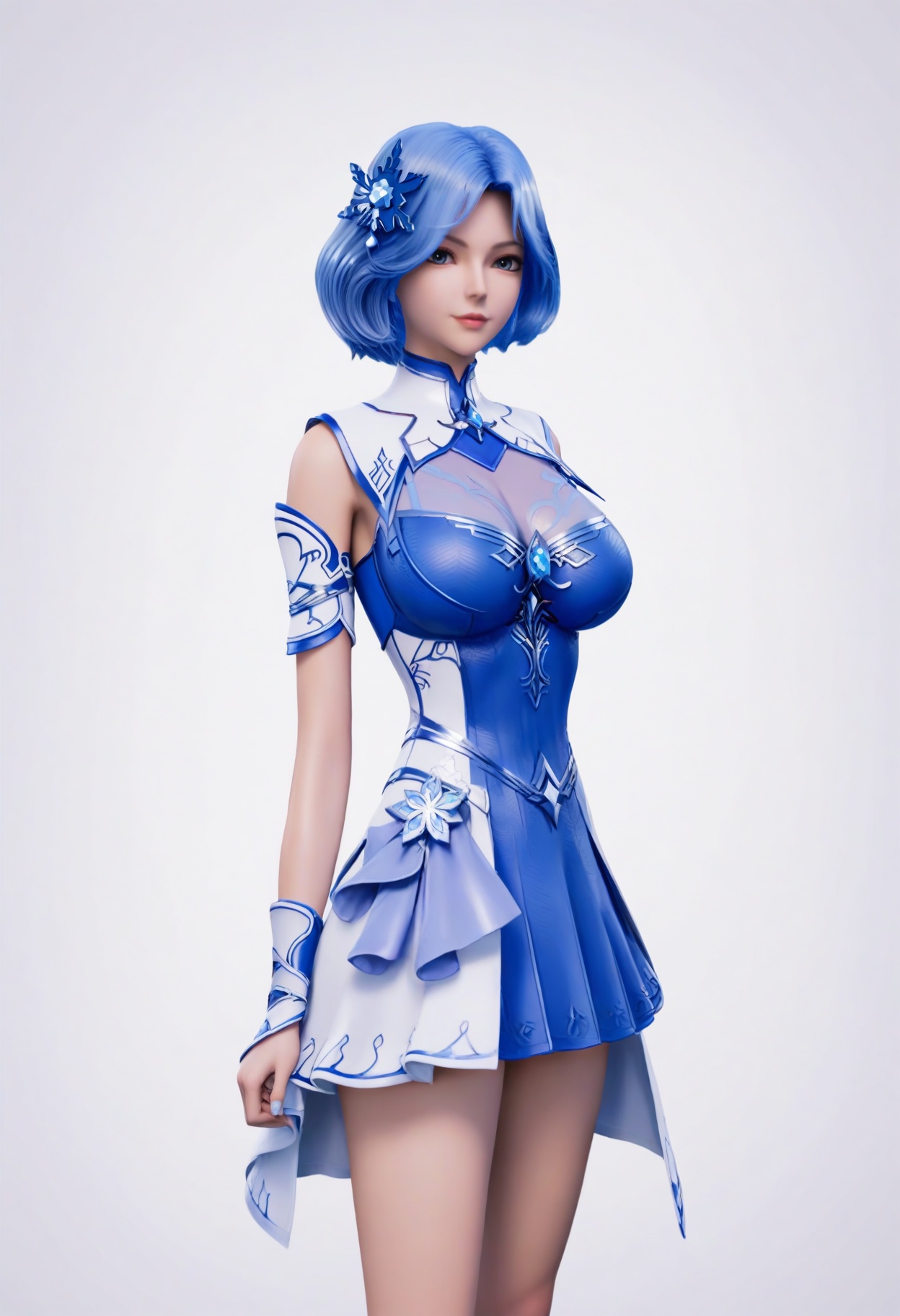 score_9,<lora:SF_LinJiaLu_Pony_Realism2.3-000003:0.7>,1girl,solo,hair ornament,short hair,large breasts,blue hair, dress,standing,looking at viewer,white background,simple background,