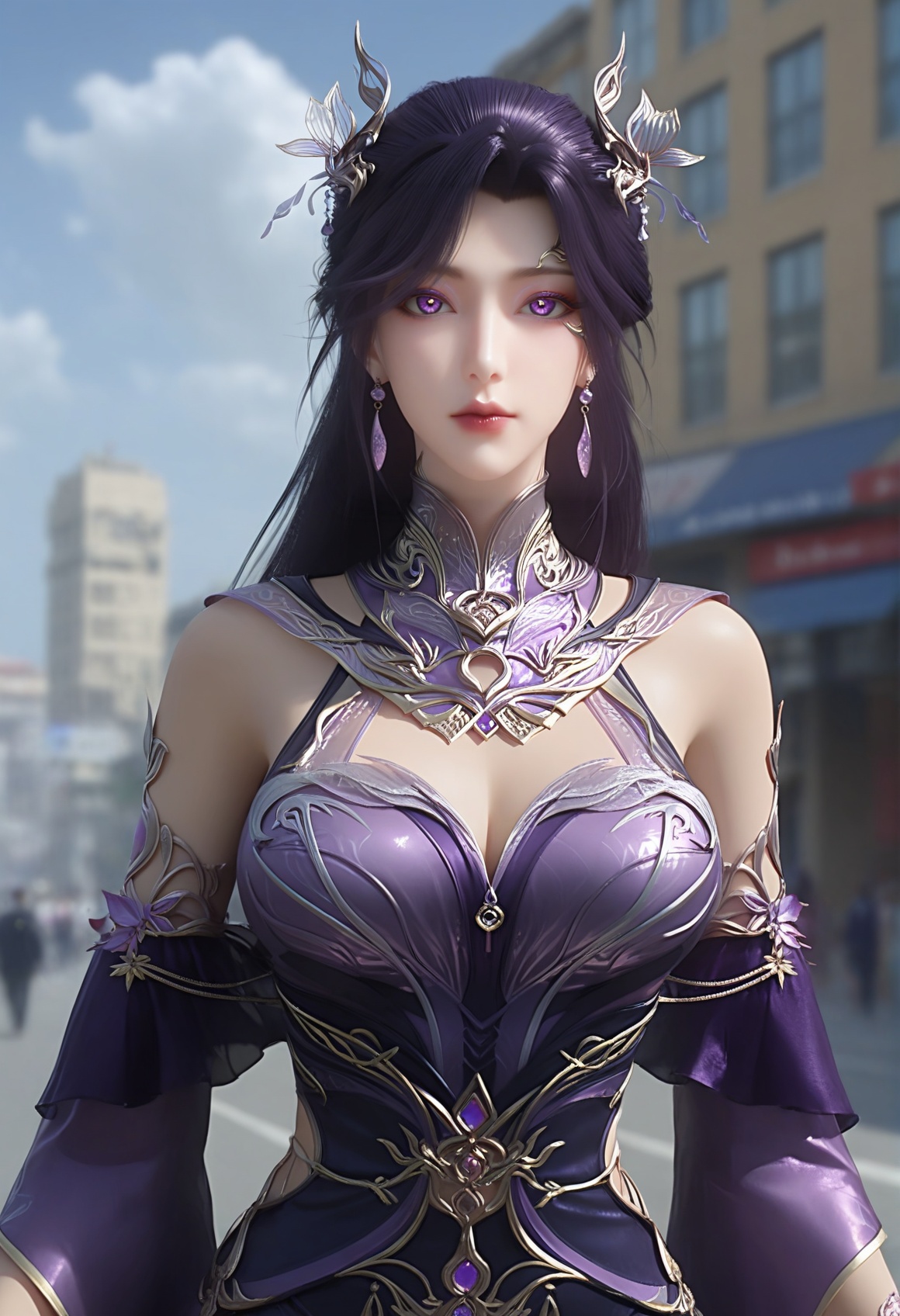 (score_9),<lora:燕倾城-Apony:0.8>,yanqinchen,(mature_female),solo,long hair,hair ornament,purple hair,high collar,jewelry,detached collar,earrings,purple dress,detached sleeves,belt,<lora:perfect eyes_v1:0.8>,purple eyes,front view,bright pupils,<lora:Expressive_H-000001:0.8>,upper body, glamor,collarbone,pointy breasts,puffy breasts,large breasts,narrow waist,outdoors,street,blue sky,blur background,building,city,cloud,cloudy sky,day,depth of field,