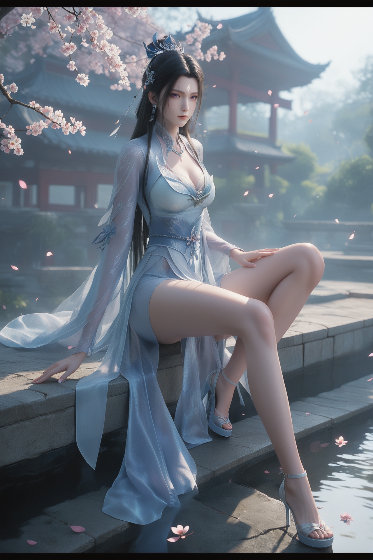 luxueqi,<lora:luxueqiXL:0.7>,purple eyes,long hair,black hair,forehead mark,bra opened,full body,very high heels,from side,looking at viewer,sitting,dress,legs apart,score_9,score_8_up,score_7_up,(masterpiece, best quality, ultra-detailed, absurdres:1.4),8k resolution,32K UHD,ultra-high resolution,sharp focus,highly detailed,masterful details,in the style of fashion photography,with a high-end texture,Dynamic Angle,Dynamic posture,cinematic lighting,contrasting light and shadow,dramatic shadows,rim lighting,soft volumetric rays,god rays,chiaroscuro,translucent,A dreamy Japanese garden at midnight,petals of cherry blossoms gently falling in slow motion,soft pink and lavender hues blending with cool blue moonlight. A girl stands barefoot on a wet stone path,her silhouette barely visible through the swirling petals,backlit by a glowing lantern. The atmosphere is ethereal,with shallow depth of field focusing on floating blossoms,ultra-detailed water droplets on leaves,cinematic bokeh lights in the background. --ar 16:9 --v 6,