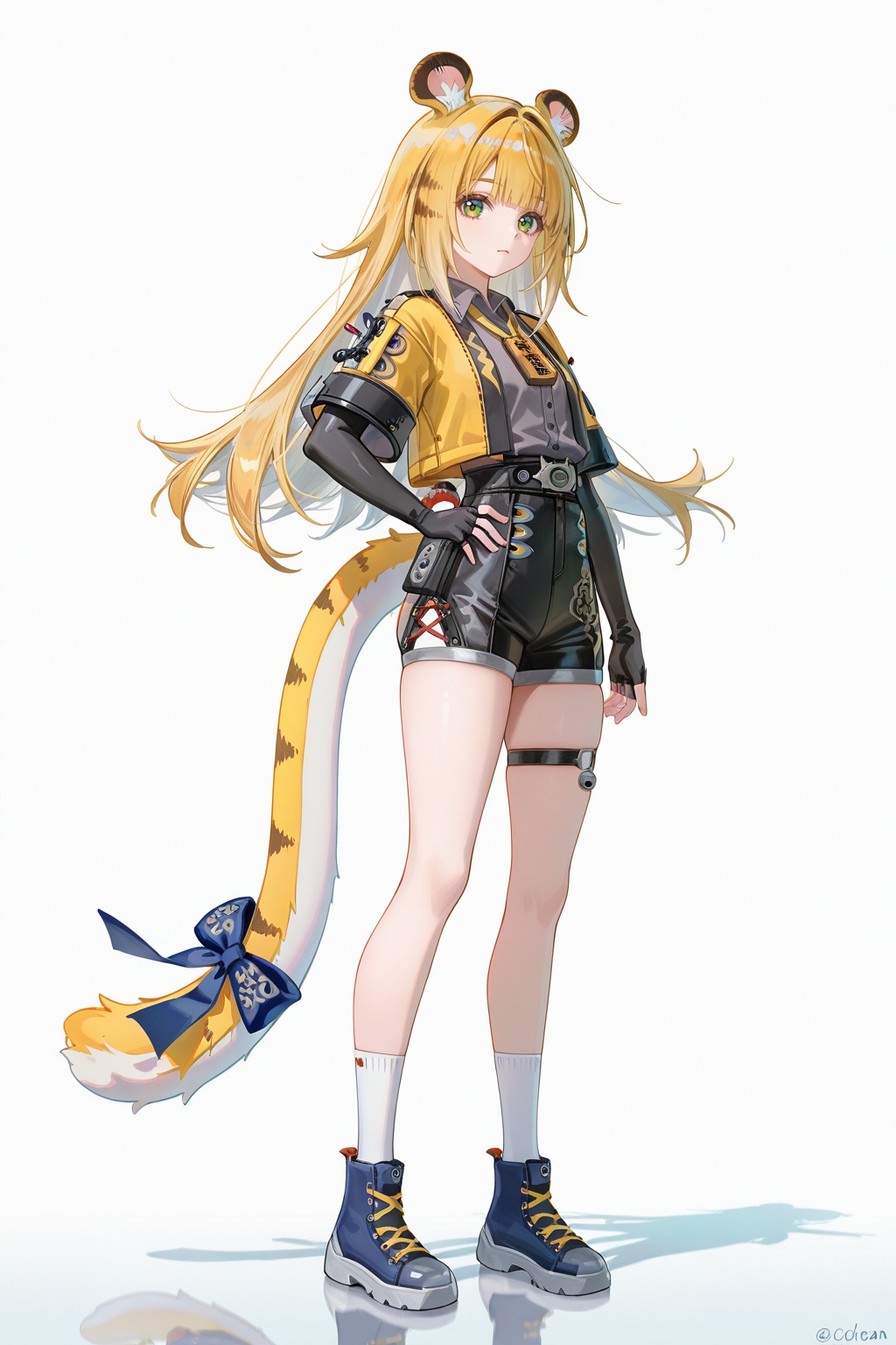 8k,best quality,masterpiece,(ultra-detailed),(high detailed skin),((artist:reoen),(artist:fuzichoco),(artist:atdan),(artist:torino_aqua),year 2024:0.8)1girl,[artist:wlop],[artist:ningen_mame],artist:ciloranko,[[artist:rhasta]],artist:tidsean,colorful,jijia,2d,ambient light,full body,full shot,standing,looking at viewer,(solo:1.2),simple background,(white background:1.2),hand on own hip,(white background:1.1),<lora:jufufu-ill-Tanger:0.8>,Ju fufu \(Zenless Zone Zero\),clothes: black-and-yellow def suit,tiger girl,1girl,green eyes,animal ears,blonde hair,shoes,shorts,shirt,long hair,thigh strap,short sleeves,bangs,black fingerless gloves,white socks,black shorts,collared shirt,tail ornament,