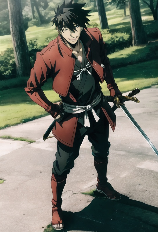 1boy, toyohisa, standing,full body, outdoors,sword,  looking at viewer, smile,   <lora:toyohisa:0.7>