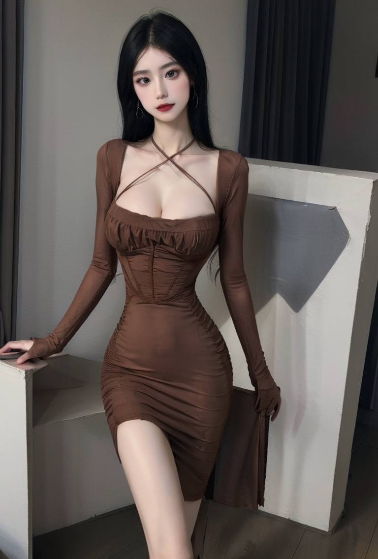 (masterpiece, best quality:1.4),finely detailed,1girl,solo,pale skin,perfect body,standing,(medium breasts:1.2),(cowboy_shot:1.2),<lora:killer性感棕色挂脖显胸连衣裙5v1.0-000008:0.8>,dress,browndress,