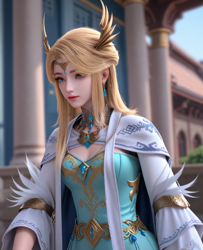 (oriental architecture, elegant decor, sophisticated style:1.1),(Bending down to tie shoelaces, with a child or younger sibling imitating the same action,:1.1),(breasts:1.2),<lora:XL16长夜开拓者圣女维罗妮卡:0.95>,miss veronica,blue corset dress,blue eyes,blonde hair,half-up ponytail with hair over shoulder,hair ornament,jewelry,choker,tiered sleeves,earrings,cape,white dress hem,white high heel boots,, score_9,score_8_up,score_7_up,score_6_up,score_5_up,score_4_up,3d rendering,tag1,tag2, Cinematic Lighting,backlighting,