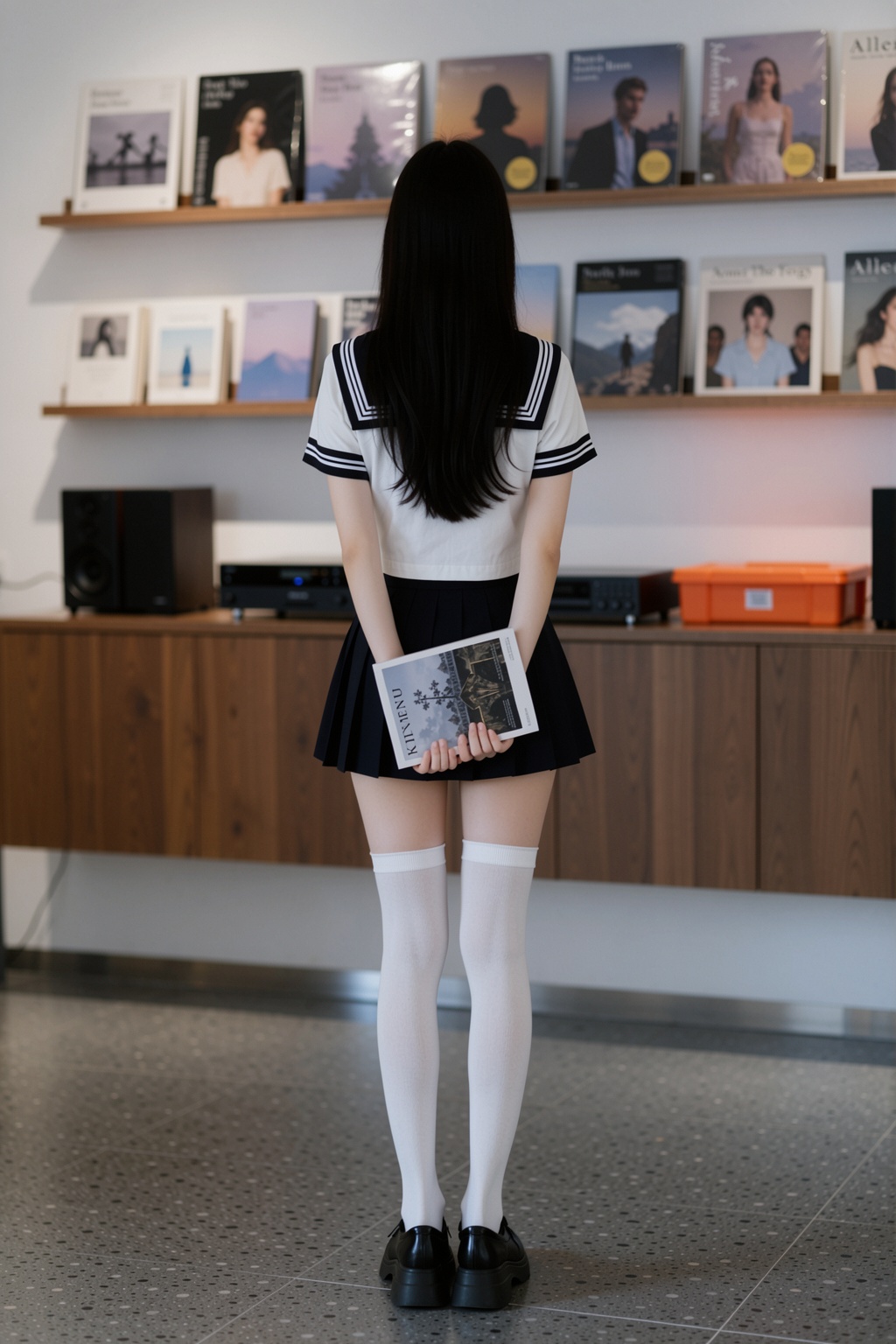 画面中心是一位背对镜头的年轻女性,  身形纤细修长,  乌黑浓密的顺直长发自然垂落至背部下方 on Tensor.Art