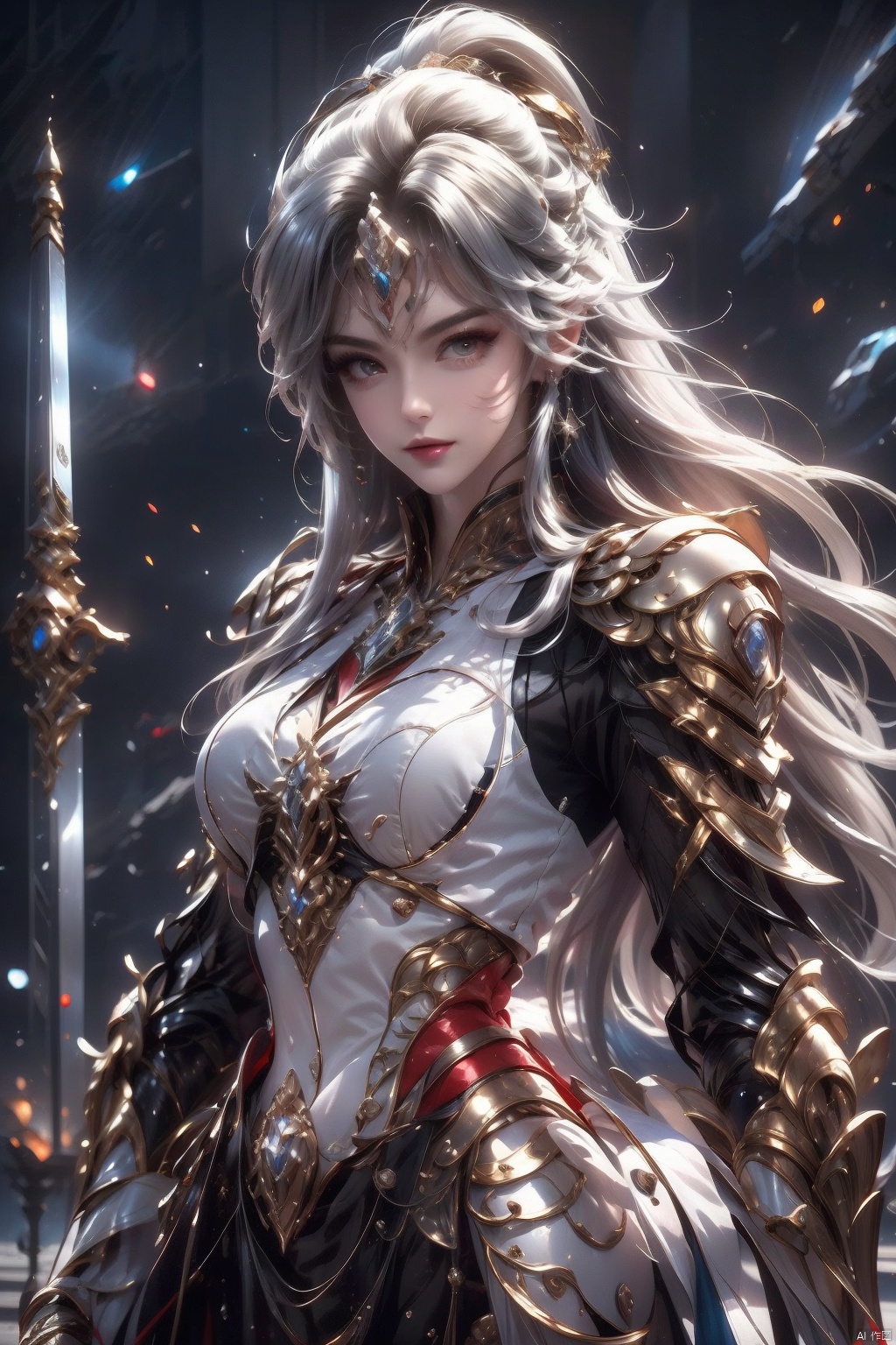 masterpiece,best quality,extremely high detailed,intricate,8k,HDR,wallpaper,cinematic lighting,(universe:1.4),dark armor,glowing eyes,anthropomorphic lion mecha,holding a sword,red jewel on sword<lora:EMS-254762-EMS:0.600000>, <lora:EMS-201317-EMS:0.600000>, <lora:EMS-300715-EMS:0.800000>