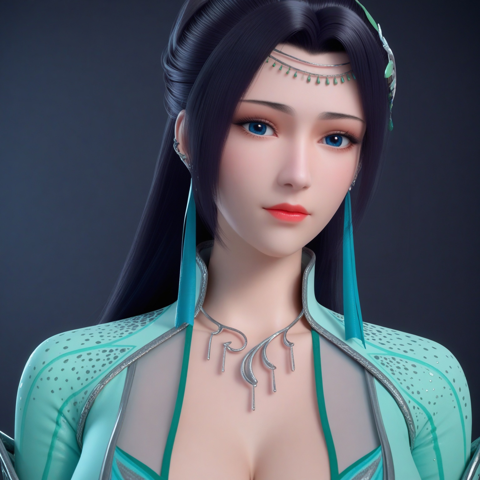 (upper_body:1.1),(huge breasts:0.9),90.<lora:YQponyyunyunV2:0.8>,(q1528437228:1.3),1girl,solo,long_hair,earrings,black_hair,hair_ornament,dress,blue_eyes,necklace,green_dress,ponytail,hair_bun,realistic,legs,,blush,(looking_at_viewer:1.1),BREAKintricate details,shiny_skin,solo focus,(blurry background:1.1),(depth of field:1.1),perfect_anatomy,(cinematic lighting:0.9),(volumetric lighting:0.9),(simple background,pure black background,black background:1.1),