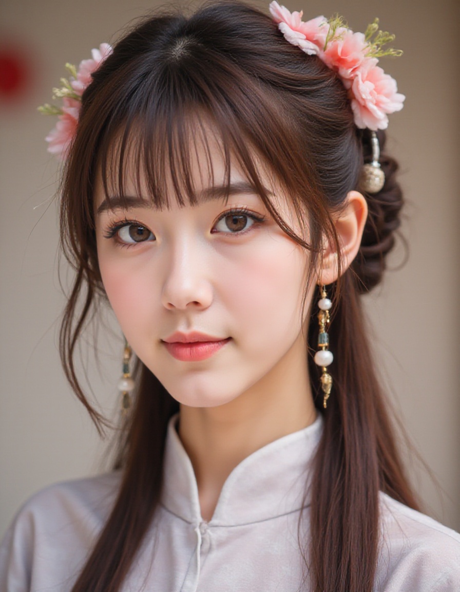 1girl, solo, earrings, jewelry, realistic, looking at viewer, long hair, brown hair, blurry background, hair ornament, flower, blurry, hair flower, hair bun, portrait, closed mouth, chinese clothes