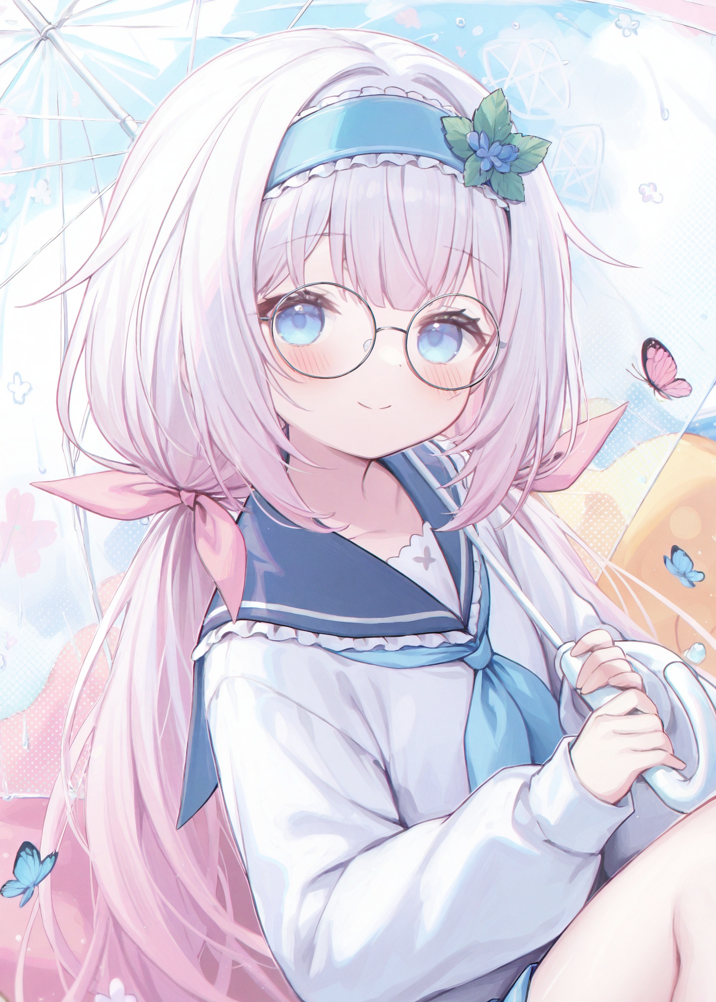 masterpiece,absurdres,best quality,petite,high quality,//,1girl, glasses, umbrella, solo, blue_eyes, virtual_youtuber, white_hair, long_hair, school_uniform, hairband, bug, serafuku, twintails, looking_at_viewer, round_eyewear, butterfly, sailor_collar, smile, headband, holding, pink_hair//,<lora:梅原生umehara_sei ——【CKXL】hans:0.8>,
