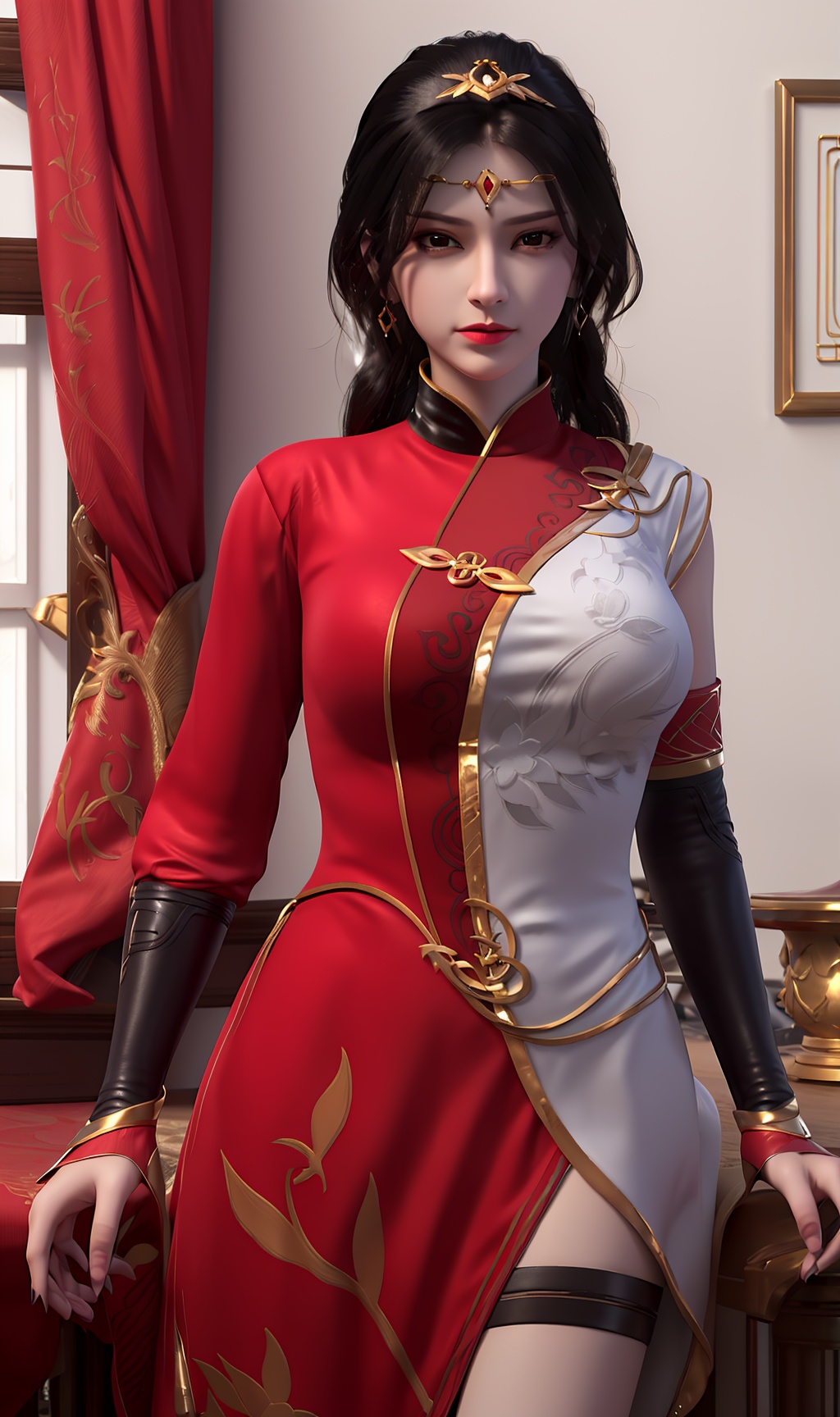 3D,masterpiece,(best quality),(makeup),official art, extremely detailed cg 8k wallpaper,((crystalstexture skin)), (extremely delicate and beautiful),(highly detailed),(face),(tiara),(collar),(wristband),(1girl), (solo), (jewelry), (earrings),(black_hair),(long_hair),(hair_ornament),(handwear),(breasts),(standing),((upper_body)),(long_legs),(dress),(closed_mouth),(short_skirt),(chinese_clothes),(multicolored_clothes),(multicolored_dress),(shiny_clothes),(city,indoor,bed),(wristband),,(short),,((looking_at_viewer)),((Facing the camera)),, <lora:hipoly3DModelLora_v10:0.3>