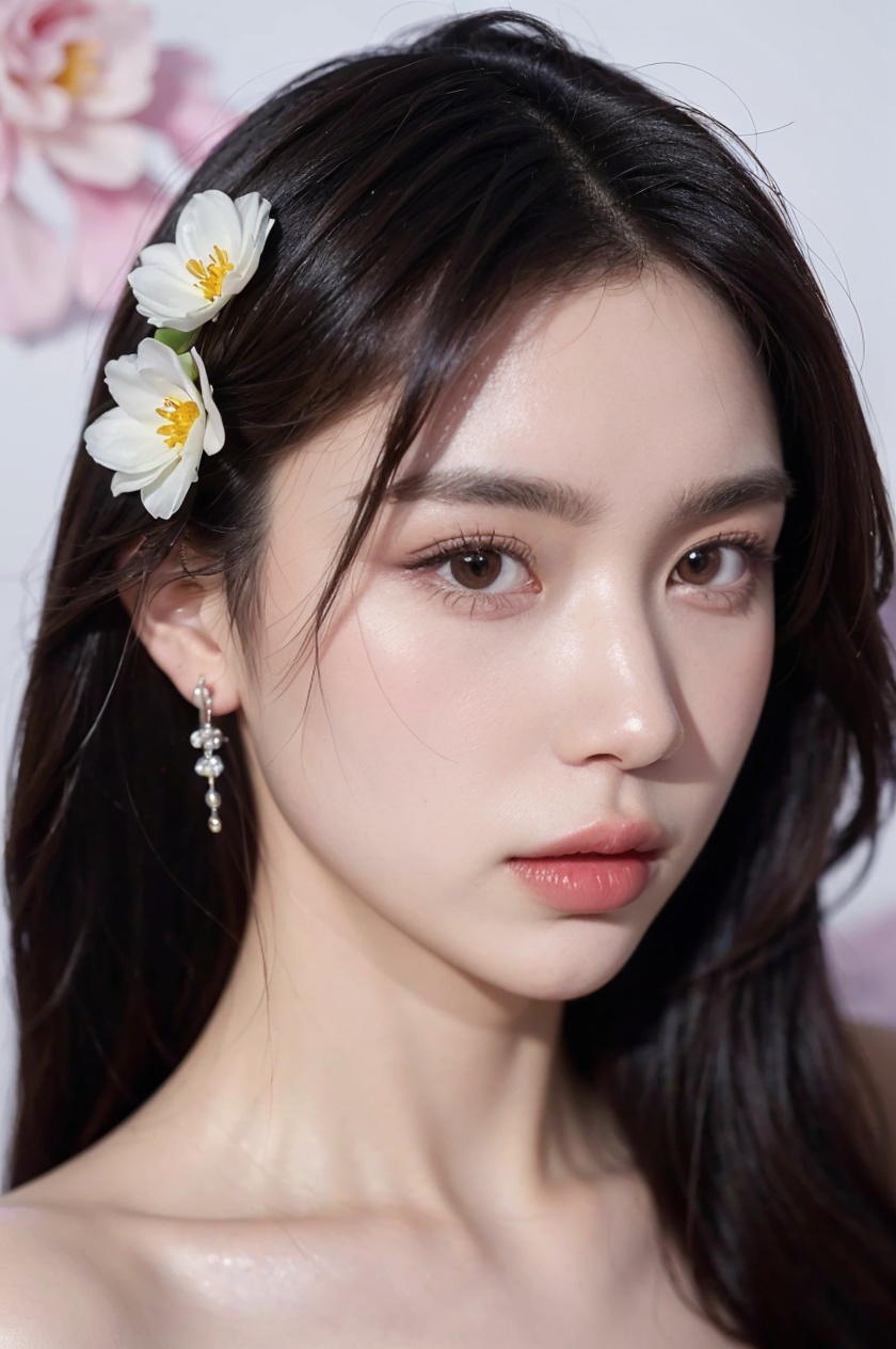 1girl, solo,(front view:1.2),(looking_at_viewer:1.4),(eye-contact:1.4),,black hair, long hair, jewelry, realistic, earrings, hair ornament, black eyes, lips, collarbone, parted lips, flower, watermark, upper body, portrait, hair flower, dress, web address,  <lora:YG红颜阁美女4:0.8>,
