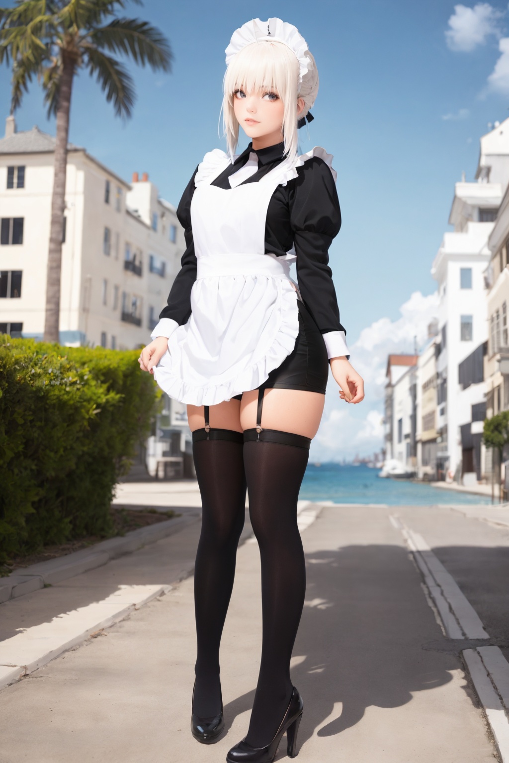 tutututu,apron,long sleeves,maid,maid apron,puffy sleeves,maid headdress,black shorts,black thighhighs,<lora:tutututu_20240129122144-000006:0.8>,masterpiece,best quality,realistic,1girl,solo,(full body),standing,high heels,long hair,looking at viewer,city,streets,outdoor,outside,outdoors,During the day,by the sea,with bright sunshine,coconut trees,skyscrapers,beaches,stones,light houses,cloudy weather,