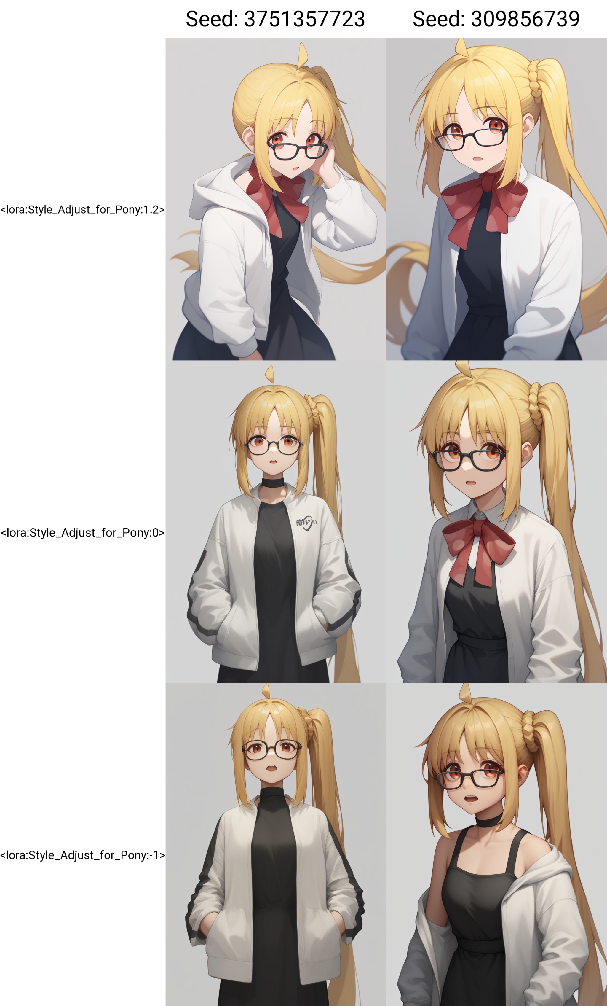 <lora:Style_Adjust_for_Pony:1.2>,score_9,score_8_up,score_7_up,<lora:bocchi_the_rock_pony:1>,1girl,ijichi_nijika,solo,glasses,highres,white_jacket,simple_background,looking_at_viewer,white_shirt,open_mouth,grey_background,black_dress,